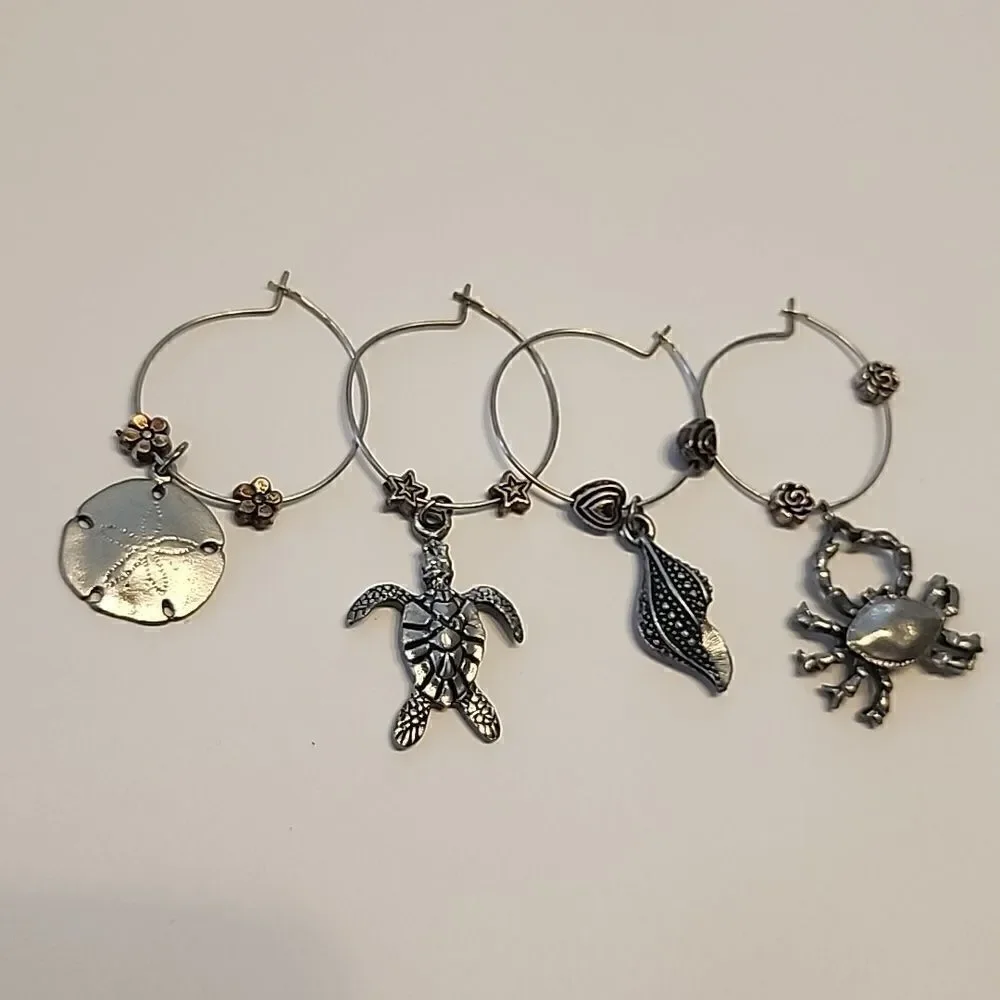 Sea Ocean Wine Glass Charms Theme Turtle Seashell Shell Crab Sand Dollar Silver